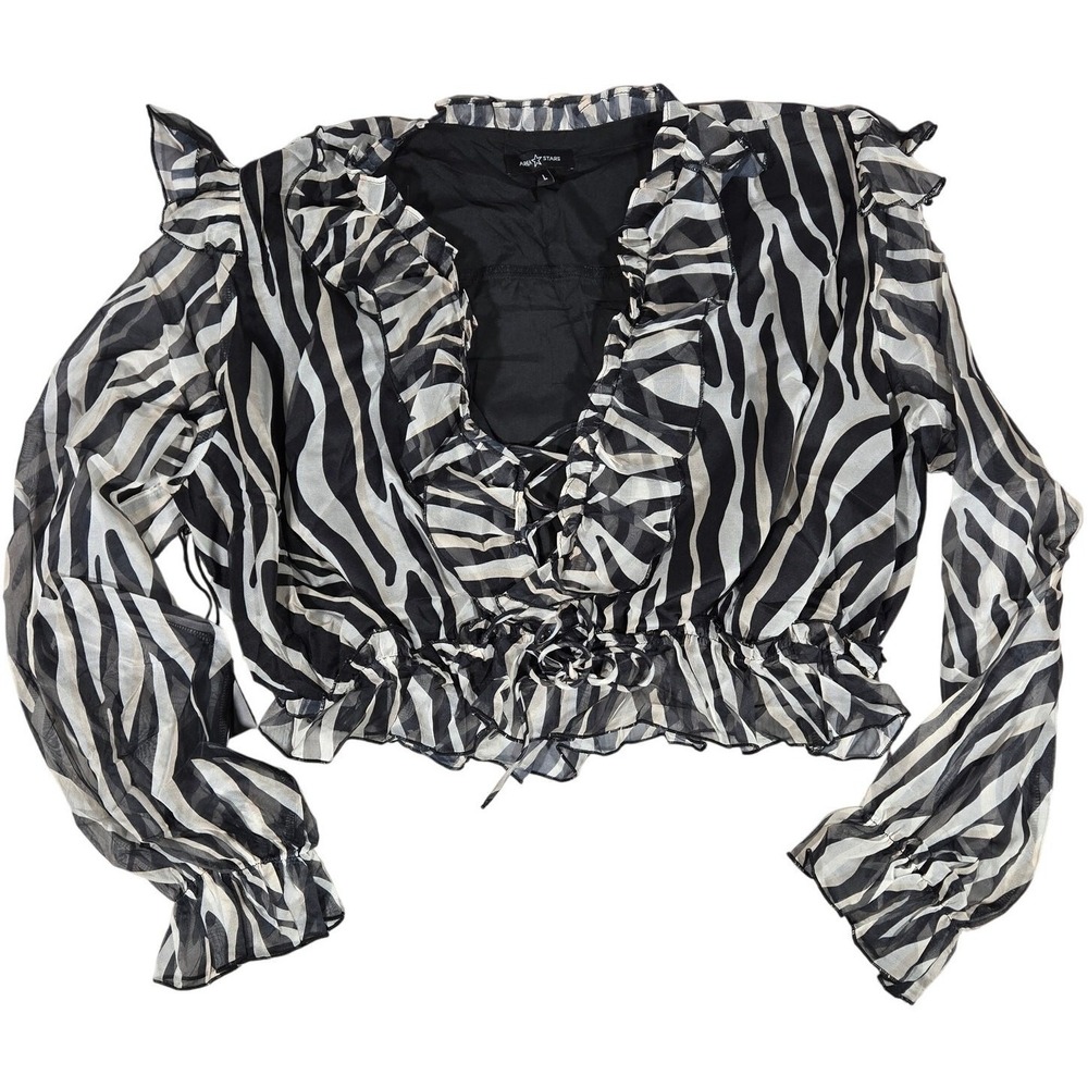 Area Stars Bari Top Womens Large Zebra Print Ruffle Lace Up Crop Blouse New